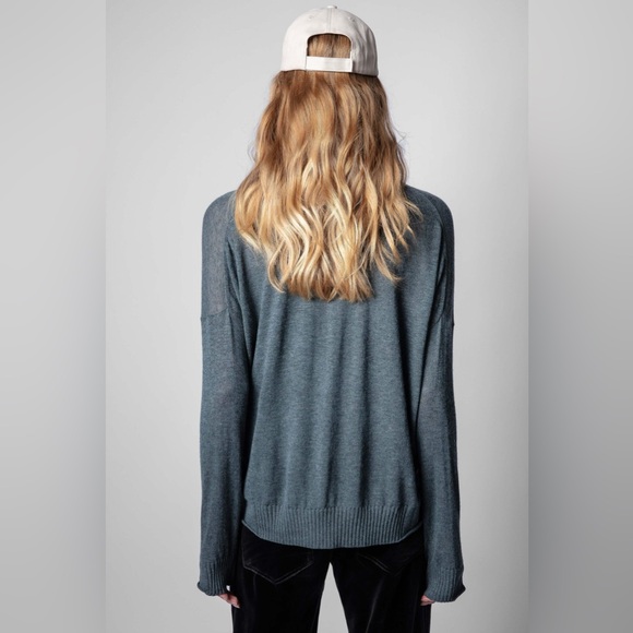 Zadig and Voltaire Brumy Cashmere Perforated Logo V Neck Sweater - Picture 9 of 12